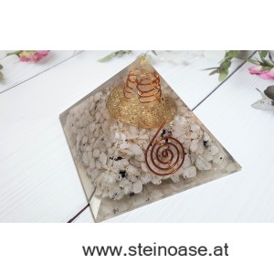 Orgonit Pyramide: Mondstein & Blume des Lebens & Herkimer Kristall & Spirale